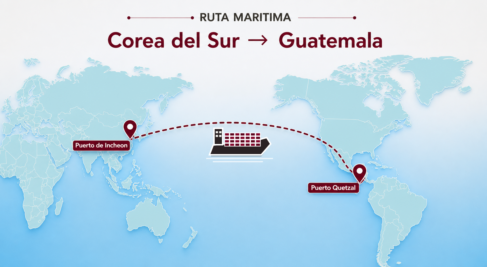 Mapa de ruta mar&iacute;tima desde Puerto de Incheon, Corea del Sur, hasta Puerto Quetzal, Guatemala